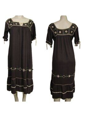 VTG 70s 80s Hippie Festival Brown Embroidered Peasant Gypsy Folklore Dress M